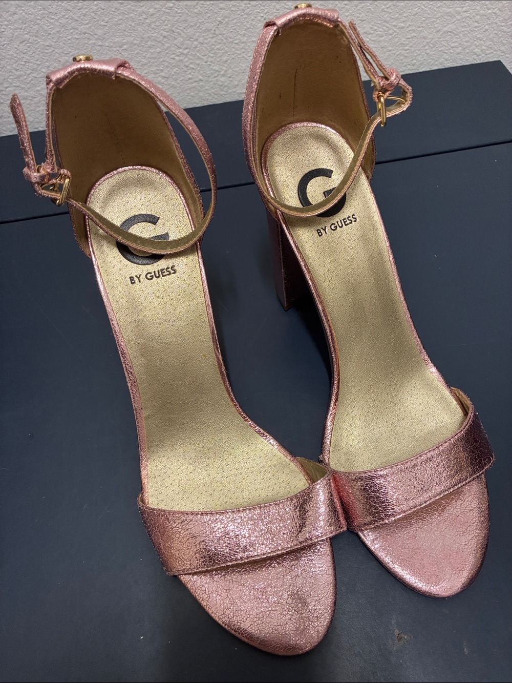 GUESS Rose Gold Metallic Ankle-Strap Block Heels